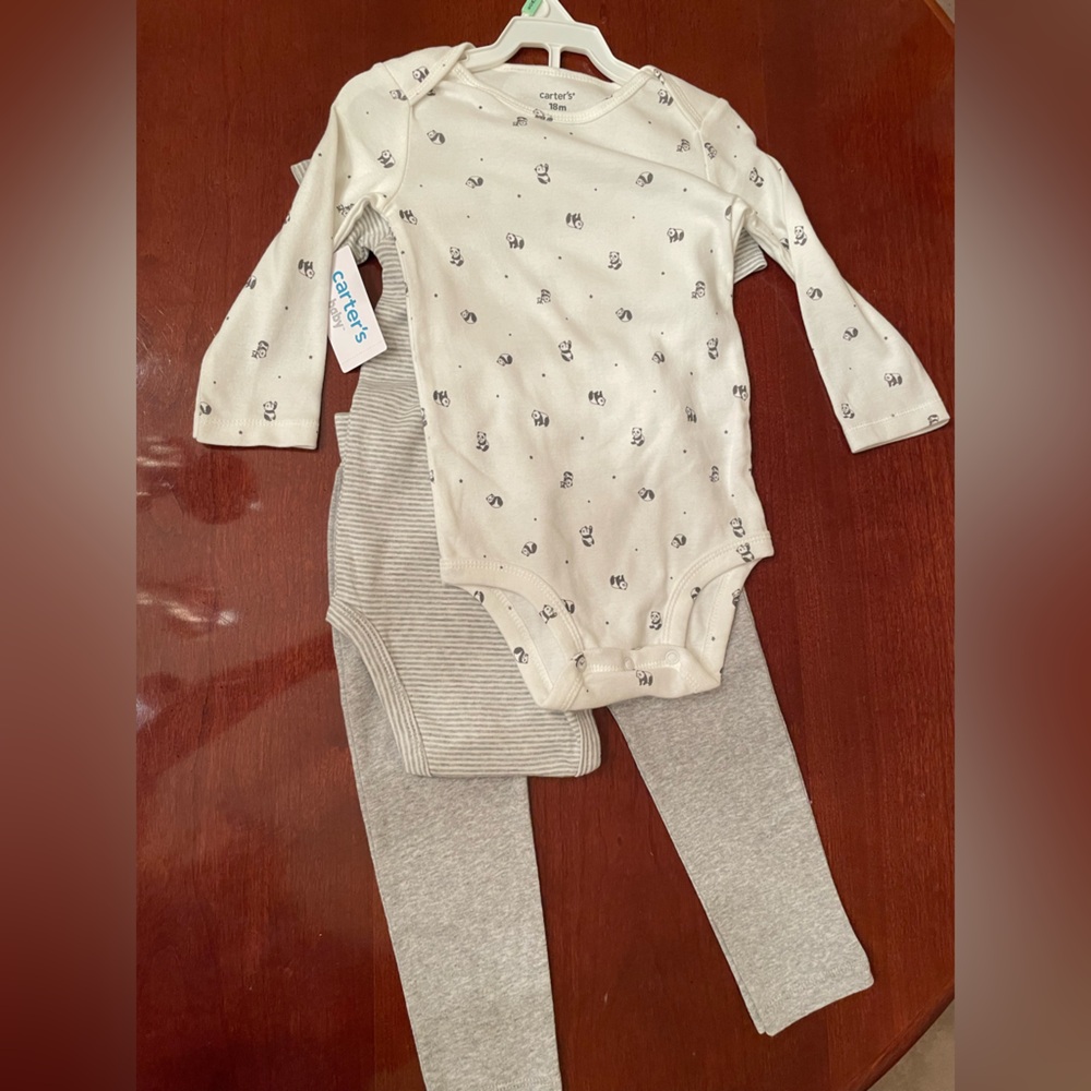 NWT 18 month 3 piece, long& short sleeve onesie,bear face on pants 100% cotton